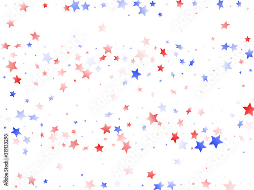Flying red blue white star sparkles on white vector american patriotic background.