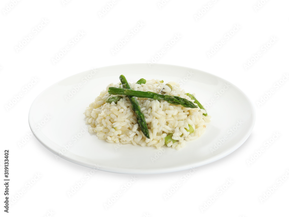 Delicious risotto with asparagus isolated on white Delicious risotto with asparagus isolated on white