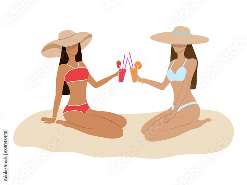 Two women in swimsuits sunbathe on the beach and drink cocktails. Girlfriends are resting together. Flat vector illustration. EPS 10