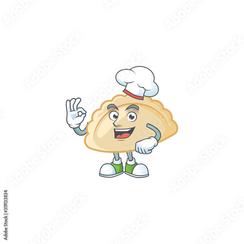 Pierogi cartoon character wearing costume of chef and white hat