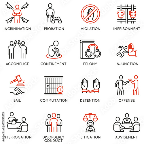 Vector set of linear icons related to law, justice and litigation. Mono line pictograms and infographics design elements - part 2
