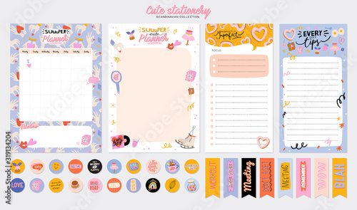 Collection of weekly or daily planner, note paper, to do list, stickers templates decorated by cute love illustrations and inspirational quote. School scheduler and organizer. Flat vector