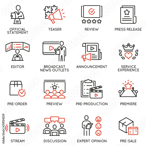 Vector set of linear icons related to announcement, pre-order, preview and discussion. Mono line pictograms and infographics design elements