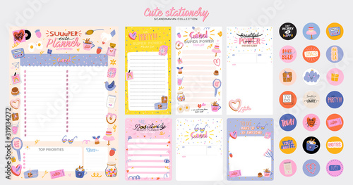 Collection of weekly or daily planner, note paper, to do list, stickers templates decorated by cute love illustrations and inspirational quote. School scheduler and organizer. Flat vector