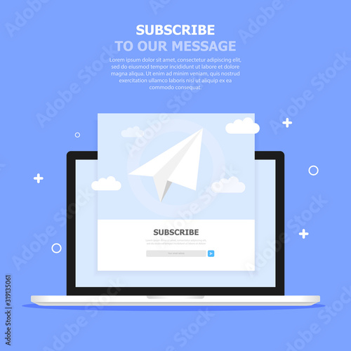 A white box with a message subscription is displayed in the blue screen on the computer screen.