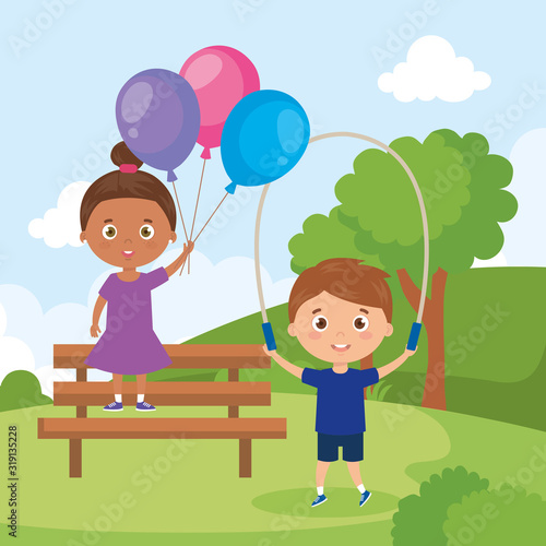 little children with balloons helium and rope jump in park landscape vector illustration design