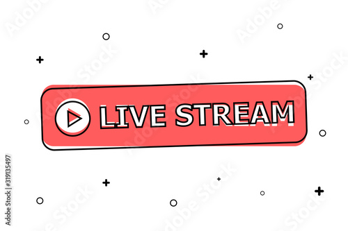 Red button "live stream" in black circle. White background with black small elements.