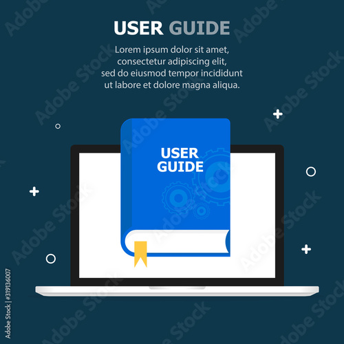 The blue book USER GUIDE is depicted on the computer screen. Dark blue background, white small objects. The text is written from above.