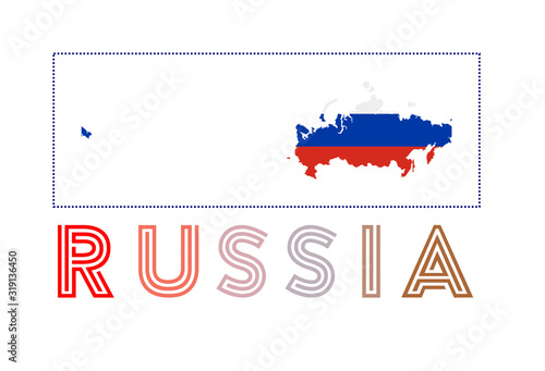 Russia Logo. Map of Russia with country name and flag. Trendy vector illustration.