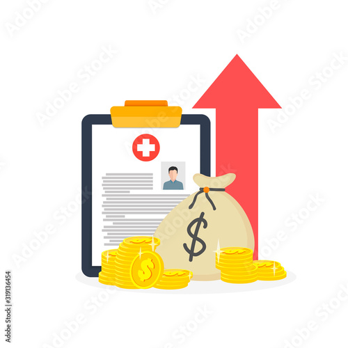 A tablet with a male medical card, a bag of money and a red arrow upwards is depicted on a white background. Medicine is growing financially.