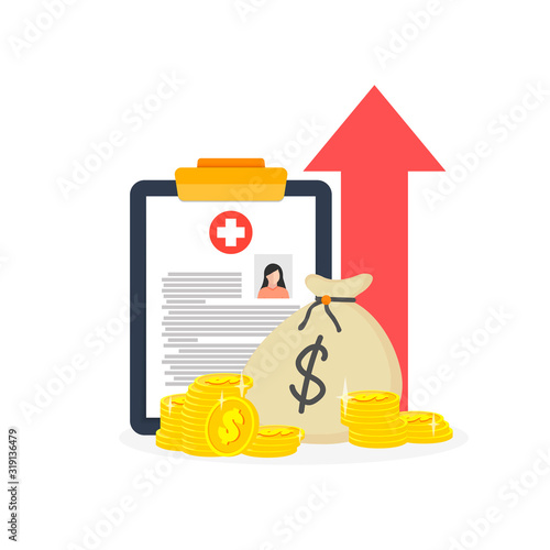 A tablet with a female medical card, a bag of money and a red arrow upwards is depicted on a white background. Medicine is growing financially.