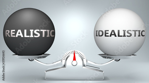 Realistic and idealistic in balance - pictured as a scale and words Realistic, idealistic - to symbolize desired harmony between Realistic and idealistic in life, 3d illustration