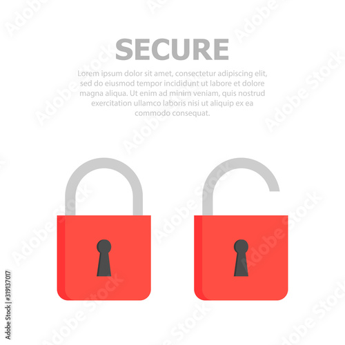 Two locks are depicted on a white background. Two colorful and two black and white. Gray text.
