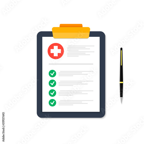 A tablet with a medical card with green marks is depicted on a white background. The handle is on the right.