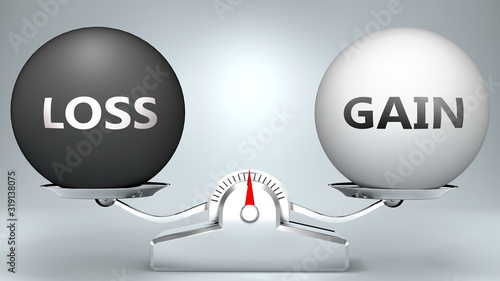 Foto Loss and gain in balance - pictured as a scale and words Loss, gain - to symboli