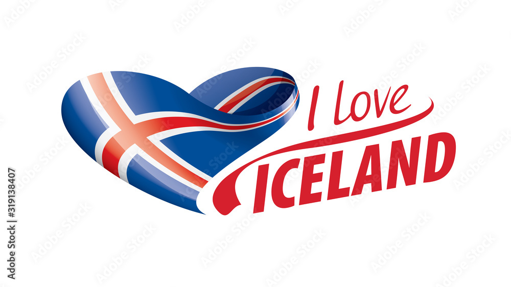 National flag of the Iceland in the shape of a heart and the inscription I love Iceland. Vector illustration