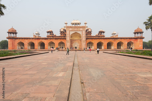 Frontal view of main Building of the tomb of Akbar the Great in Agra on overcast day