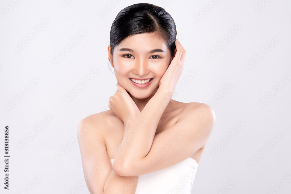 Portrait beautiful young asian woman clean fresh bare skin concept. Asian girl beauty face skincare and health wellness, Facial treatment, Perfect skin, Natural makeup, on white background,two Portrait beautiful young asian woman clean fresh bare skin concept. Asian girl beauty face skincare and health wellness, Facial treatment, Perfect skin, Natural makeup, on white background,two