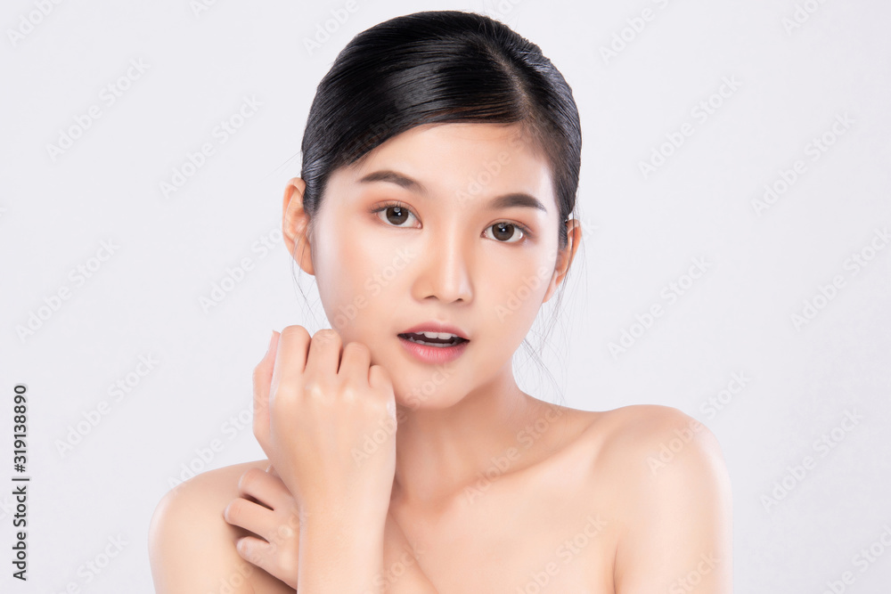 Portrait beautiful young asian woman clean fresh bare skin concept. Asian girl beauty face skincare and health wellness, Facial treatment, Perfect skin, Natural makeup, on white background,two Portrait beautiful young asian woman clean fresh bare skin concept. Asian girl beauty face skincare and health wellness, Facial treatment, Perfect skin, Natural makeup, on white background,two