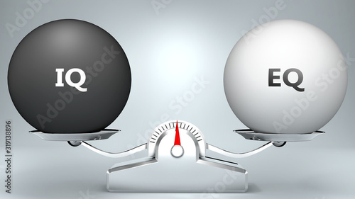 Obraz na plátně Iq and eq in balance - pictured as a scale and words Iq, eq - to symbolize desir