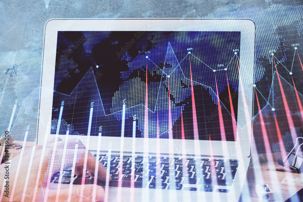 Forex graph with businessman working on laptop on background. Concept of hardworking. Multi exposure. Forex graph with businessman working on laptop on background. Concept of hardworking. Multi exposure.