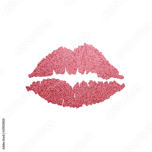 Rose Gold lips. Golden Lip icon with glitter effect, red lipstick kiss isolated on white background. Vector illustration.