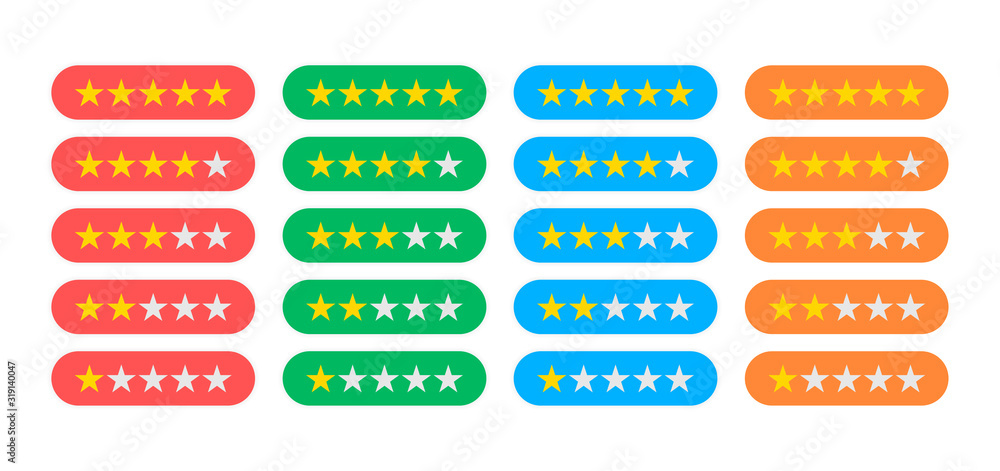 Four columns of different colors with different rating indicators are depicted on a white background. Four columns of different colors with different rating indicators are depicted on a white background.