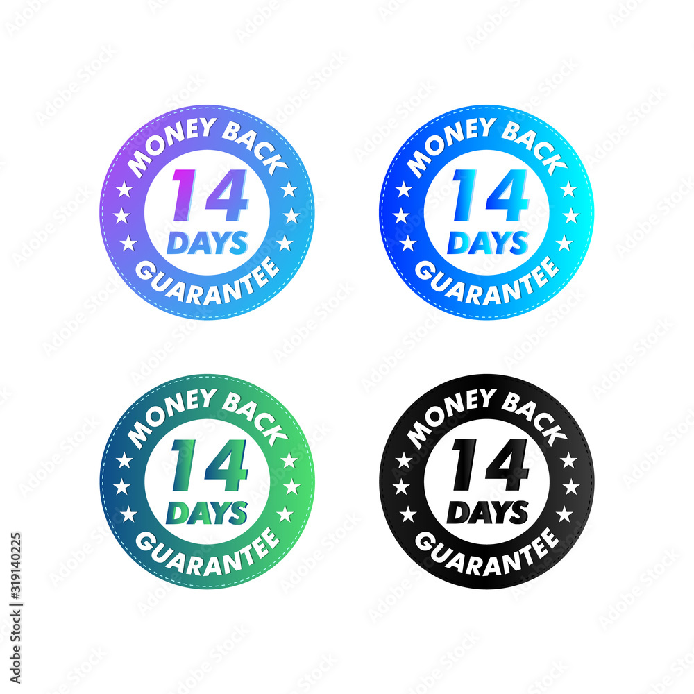 14 Days Money Back Guarantee stamp vector illustration. Vector certificate icon. Set of 4 beautiful color gradients 14 Days Money Back Guarantee stamp vector illustration. Vector certificate icon. Set of 4 beautiful color gradients