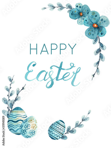 Composition hand drawn watercolor elements for easter design. eggs, branches, flowers, pussy willow. Blue and orange elements. Best for greeting cards, posters, fabric, ceramic, textile, scrapbooking