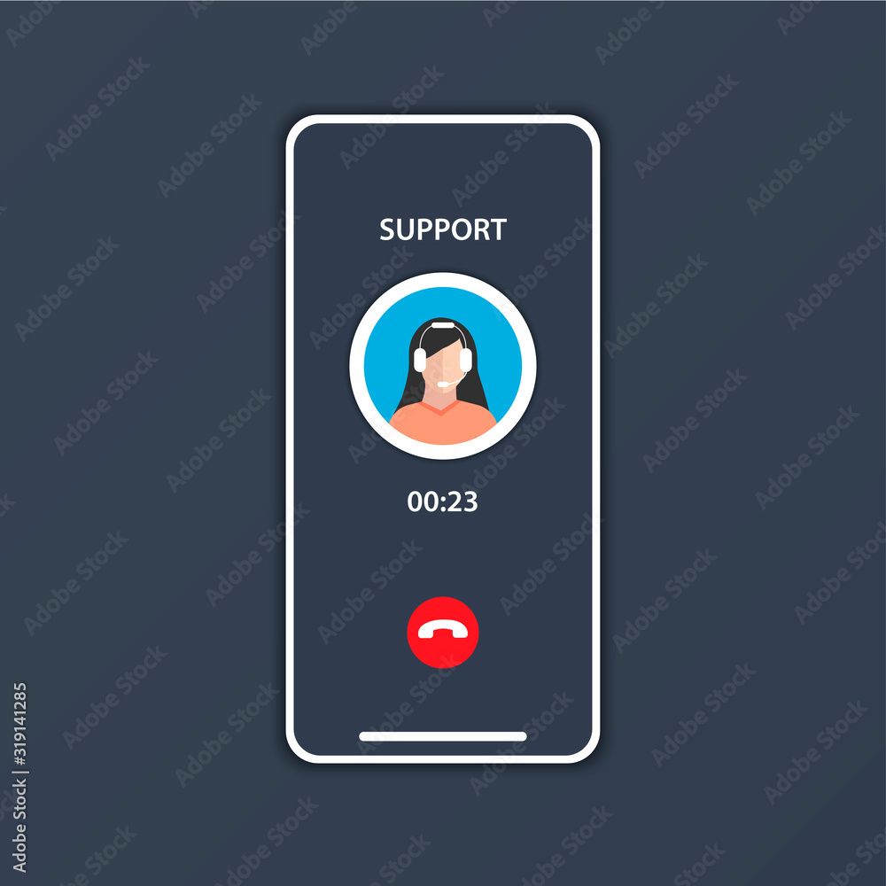 A call to support is shown on the user's screen. Dark blue background. A call to support is shown on the user's screen. Dark blue background.