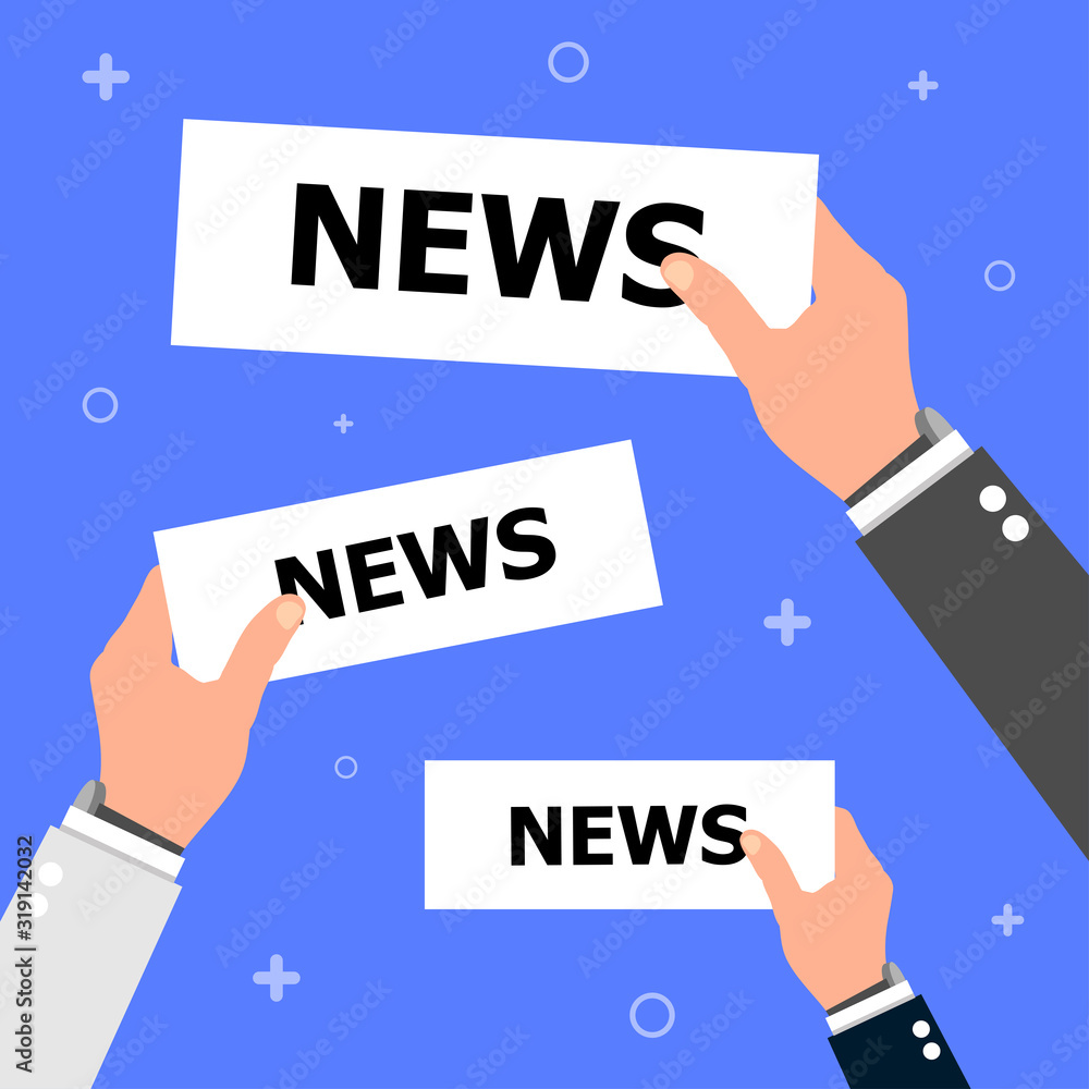 Three hands hold banners with news on a blue background. Three hands hold banners with news on a blue background.