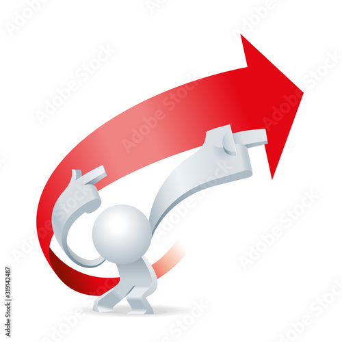 Cute little white Simplified man dancing and pointing giving direction to top right side