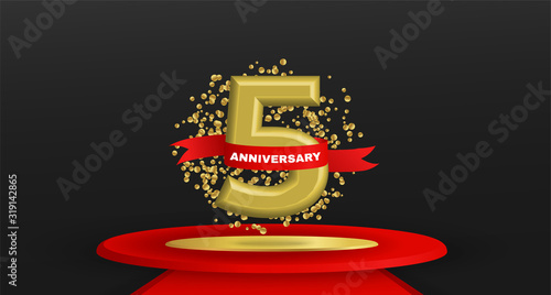 5th golden anniversary logo celebration on gold podium and red ribbon. Vector template element for your 5 birthday party poster greeting card on black background.