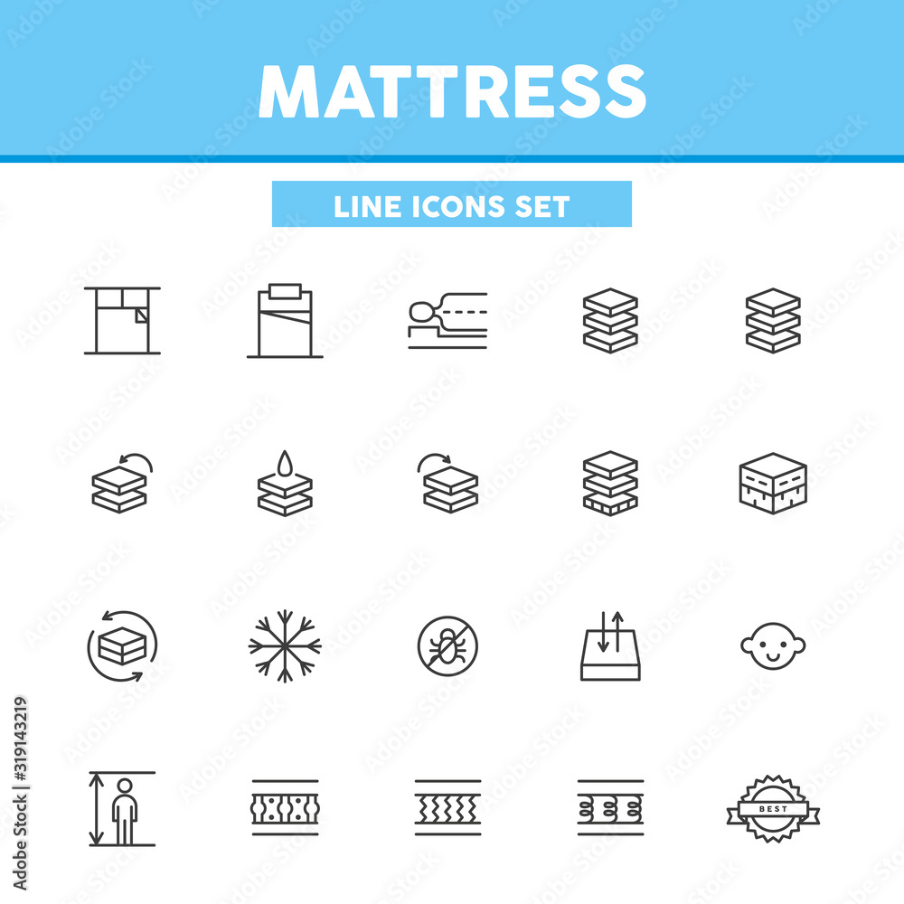 Fototapeta premium Mattress simple set line icons. Vector illustration symbol elements for web design.