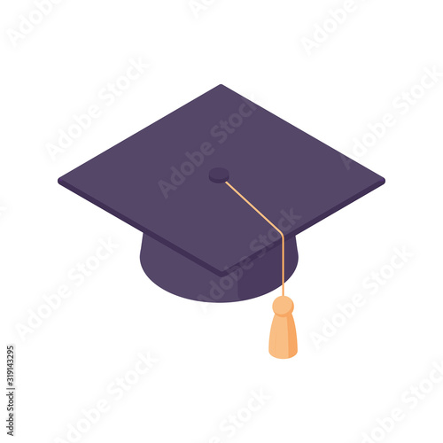 Square academic cap isometric. Vector illustration of graduation hat with golden tassel.