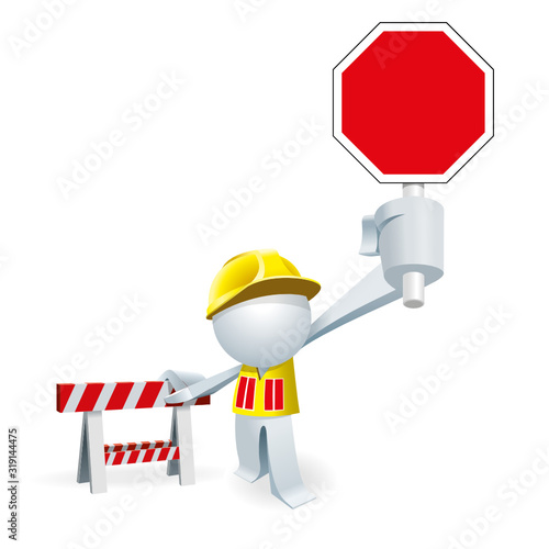 Cute little white Simplified man with safety jacket and stop signboard stop you at the under construction site