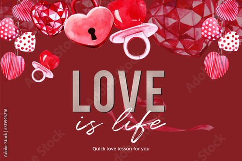 Love frame design with heart, confection watercolor illustration.