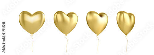 Gold glossy 3D three-dimensional heart balloon isolated on a white background
