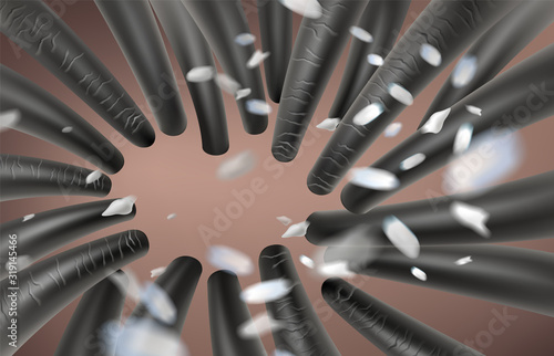 Dandruff and dirt fly on the hair and scalp. Used in the advertisement of shampoo, soap, hair treatment. Vector realistic file.