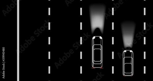 Traffic speeding on the road at night. 2d, animation, cartoon, illustration, clip art, vector. Web banner in black and white. Alpha channel.