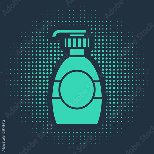 Green Bottle of liquid antibacterial soap with dispenser icon isolated on blue background. Disinfection, hygiene, skin care concept. Abstract circle random dots. Vector Illustration