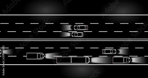 Animated cartoon of traffic speeding on the road at night. 