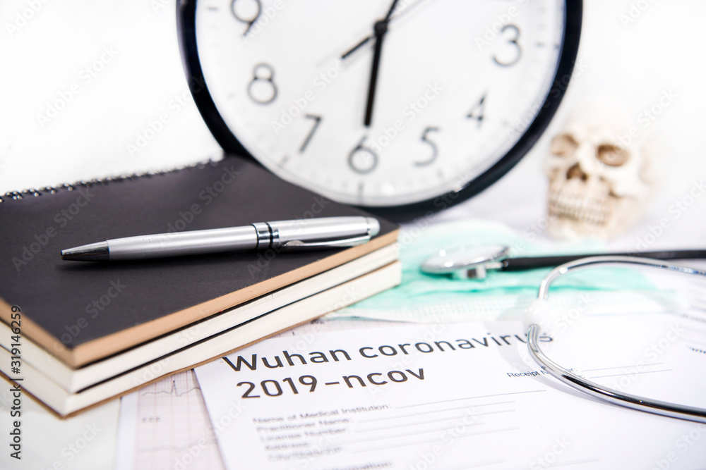 Medicine documents with wall clock. Abstract photo of illness time. Medicine documents with wall clock. Abstract photo of illness time.