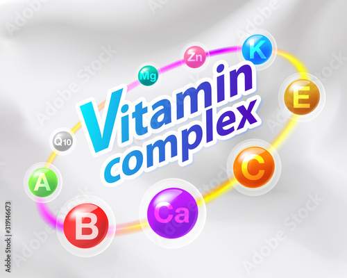 Colorful vitamin complex capsule with rainbow ring contains Vitamin C, Ca, B, A, E, Q10, Mg, Zn Medicines for health promotion, treatment and used as medical illustrations.