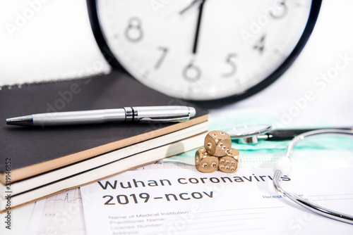 Wallpaper Mural Medicine documents with golden game dices on it. Abstract photo of illness time. Torontodigital.ca