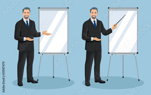 Middle aged European business man is pointing to flip chart. Smiling businessman standing is near to presentation whiteboard. Set of isolated vector illustration.