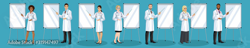 Big set of male and female doctors different nationalities. Men and woman medical staff are standing half turn and pointing to flipchart. European, Asian, African and Arab hospital employees. Vector
