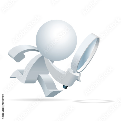 Cute little white Simplified man act as detective and try follow the trace with a big magnifier glass