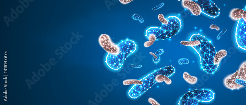 Bacteria probiotics. Digestion flora of humans. Medical allergy and immunity treatment concept. Abstract polygonal image on blue neon background. Low poly, wireframe, digital 3d vector illustration photo