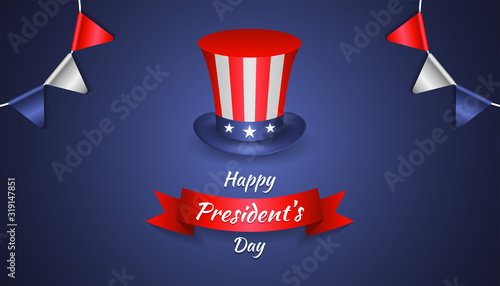 Happy president's day with realistic uncle sam hat, party flag and ribbon in dark background. Vector illustration for President day in USA.